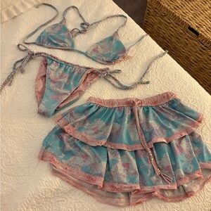 LoveShackFancy Blue and Pink Ruffle Bikini Set with Skirt